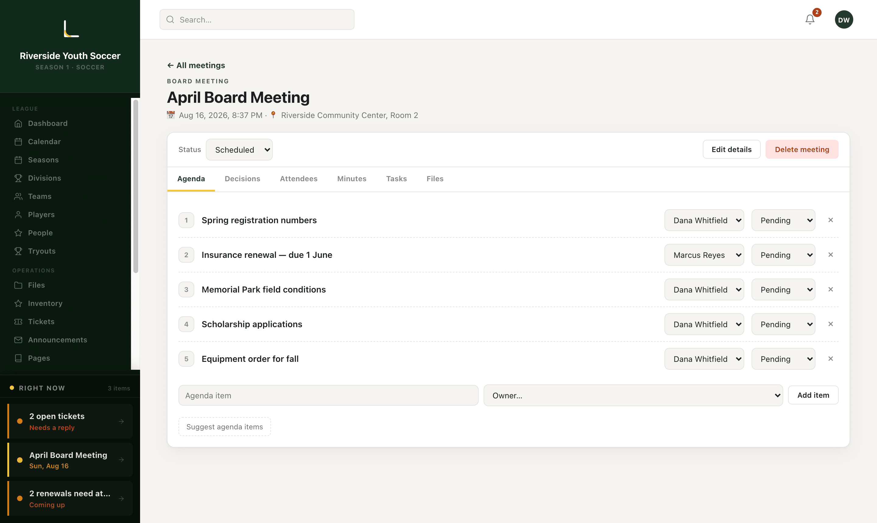 A board meeting agenda with five numbered items, each with an owner and a status.